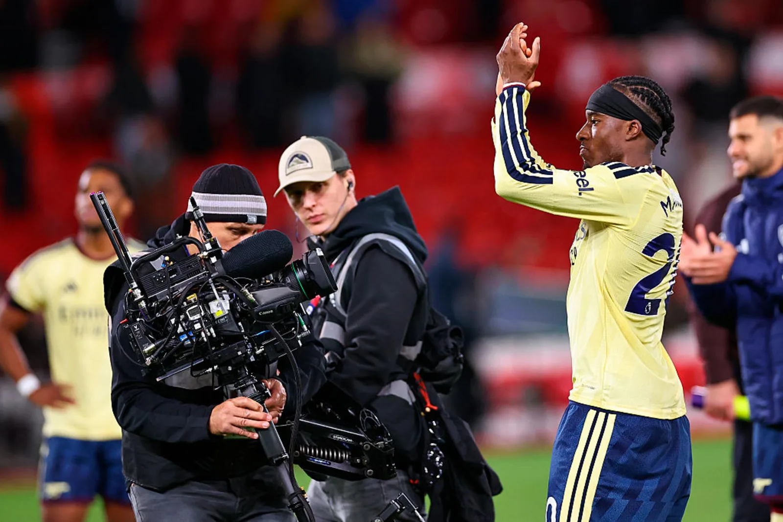 Noni Madueke applauds the fans after Arsenal's win at Forest. Photo: BBC Sport